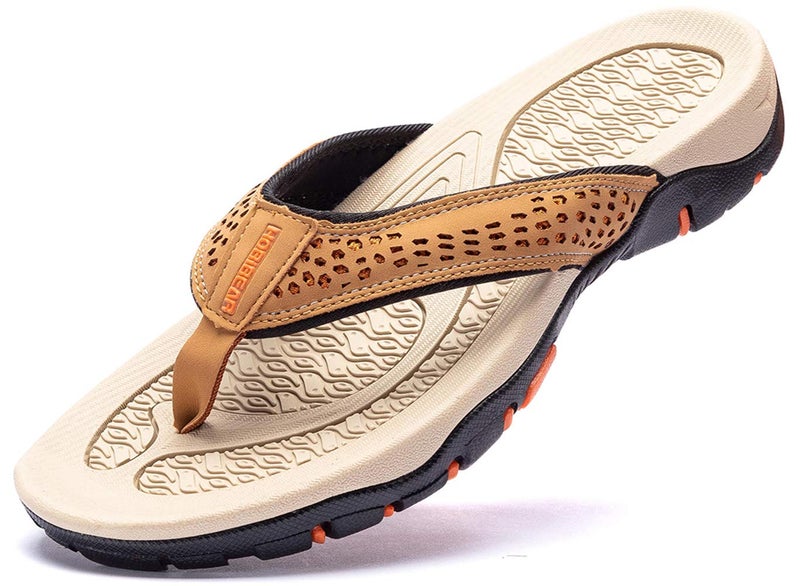 GUBARUN Flip Flops for Men,Leather Mens Sandals- Comfortable Sandal Arch Support(Khaki, 9) - Image 1